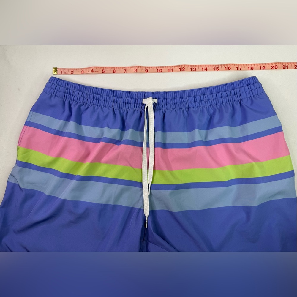 chubbies Men's Blue Swim Trunks with Pink and Lime Stripes - Picture 8 of 8